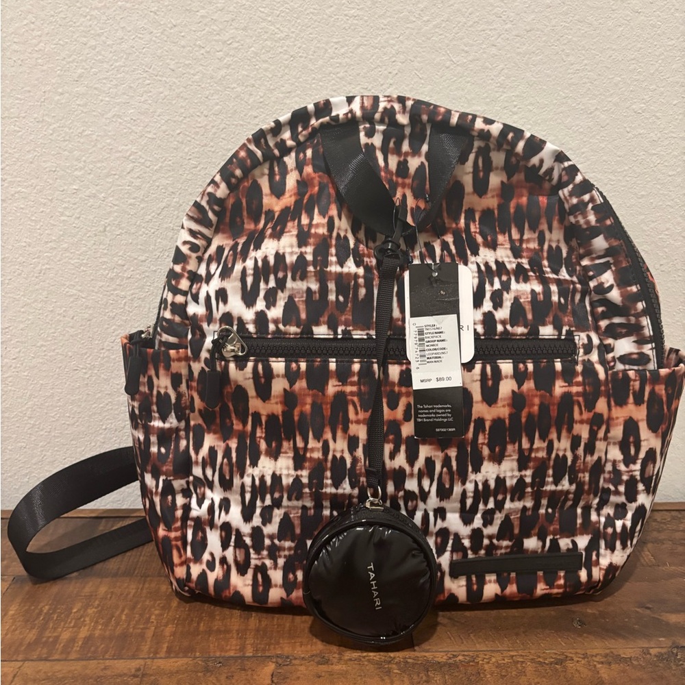 Tahari Black and Brown Leopard Print Mini Backpack